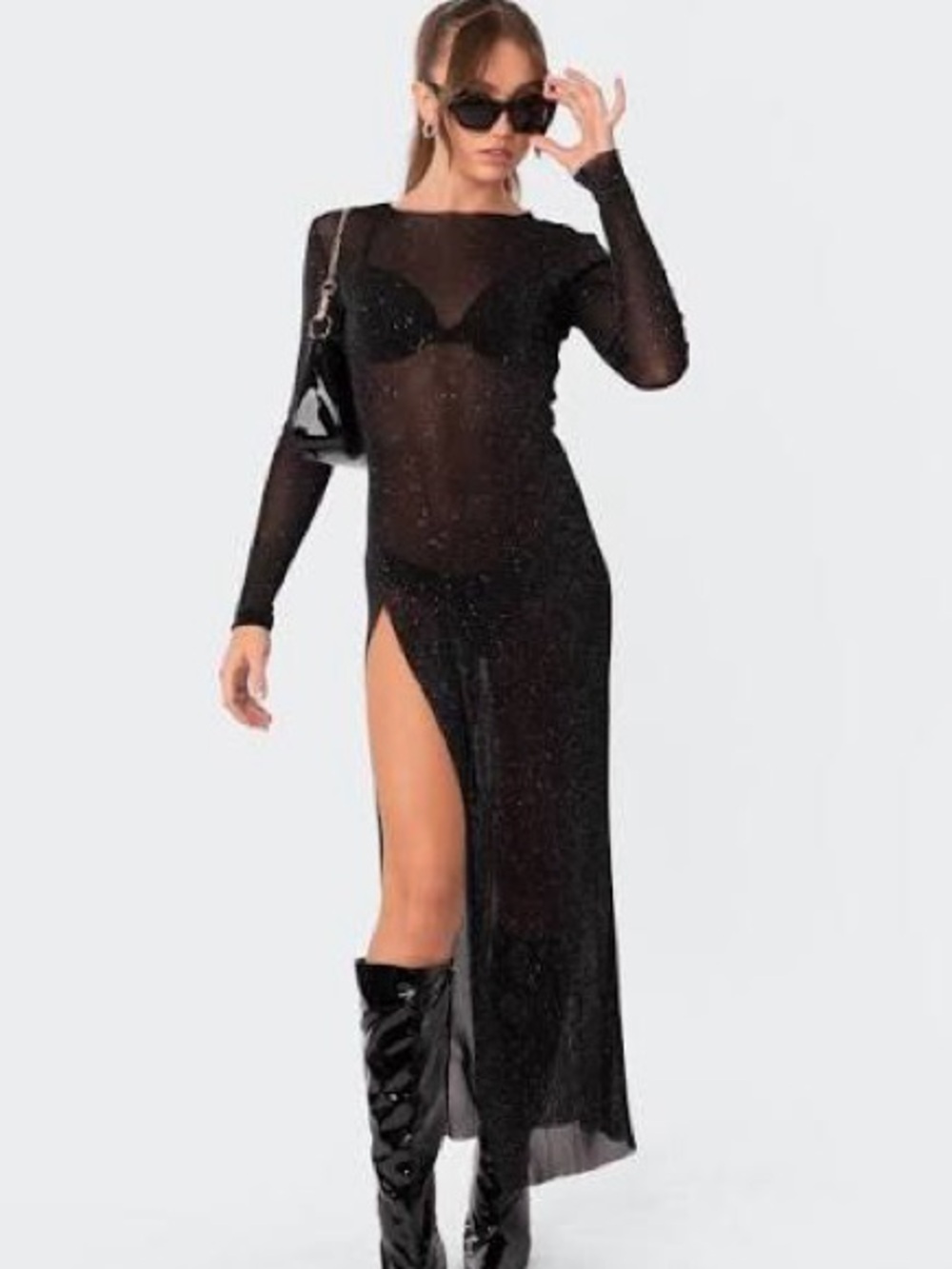 Edikted Black Glitter Sheer Slit Maxi Dress